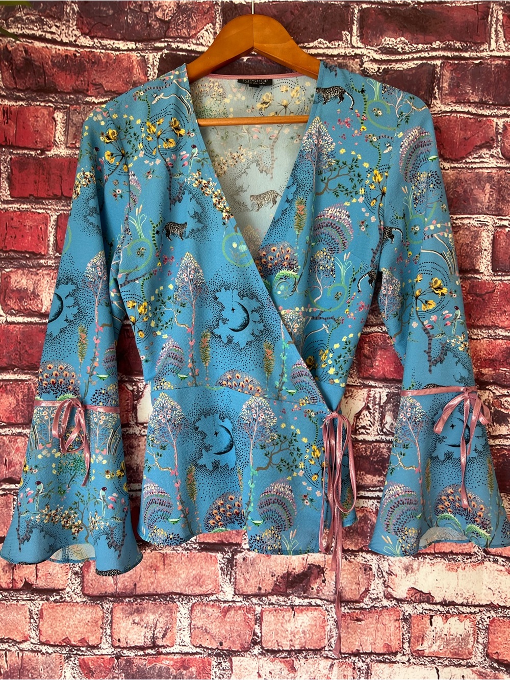 Topshop Magical Leopard Print Wrap Blouse Bell Sleeve